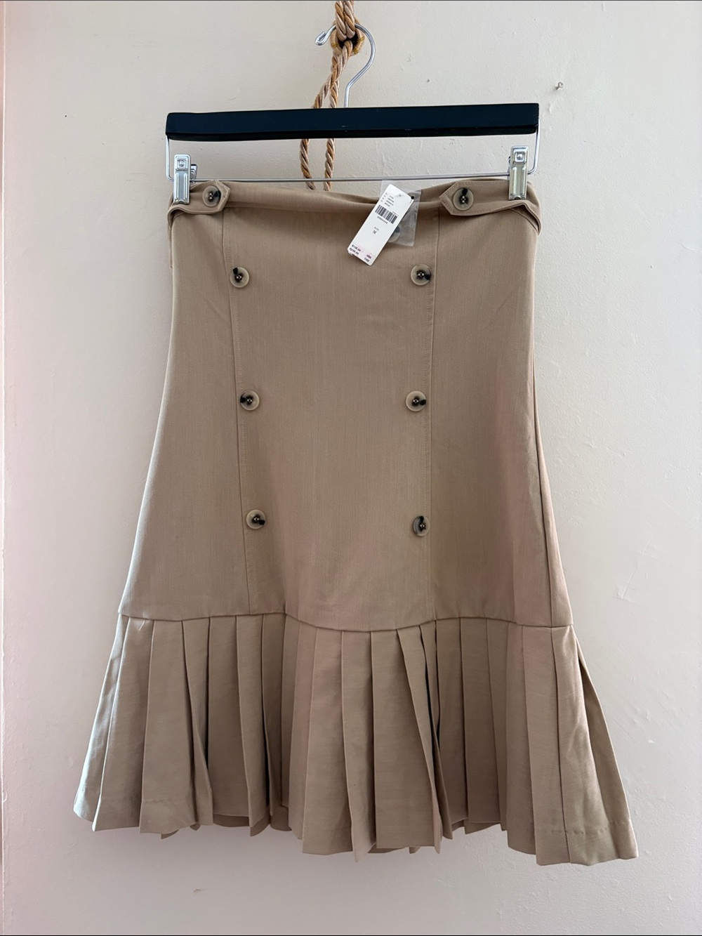 Anthropologie Tan Double-Button Pleated A-Line Mini Skirt